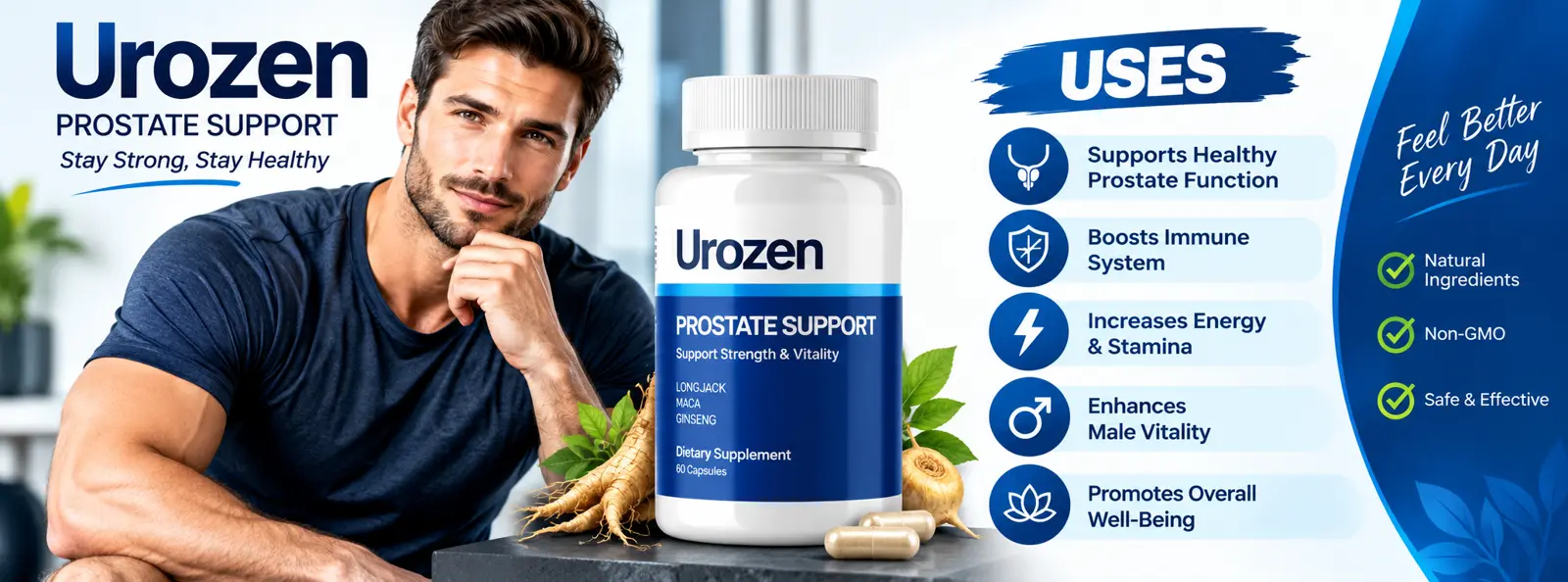 Urozen uses: supports healthy prostate function, boosts immune system, increases energy and stamina, enhances male vitality, promotes overall well-being